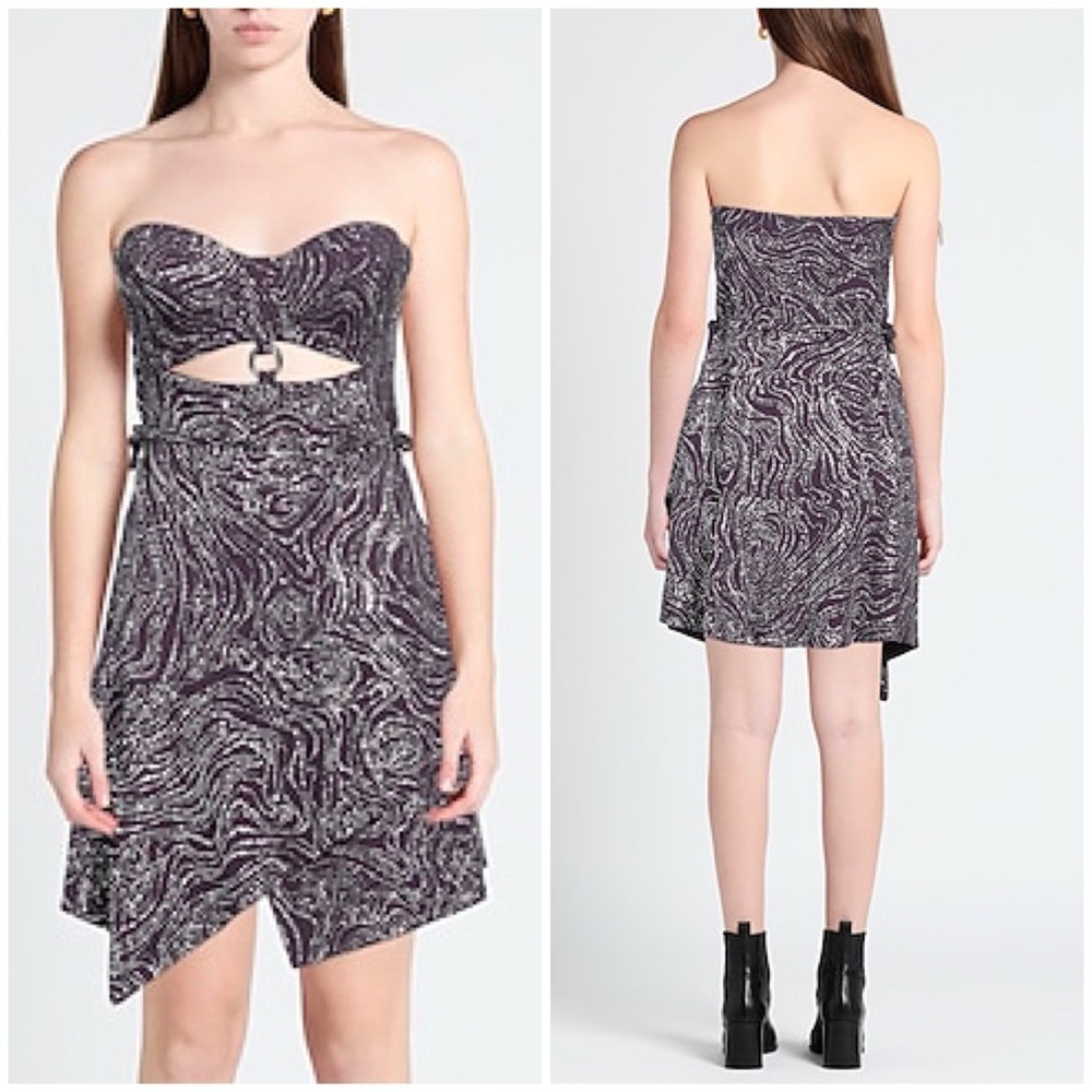 NWT Del Core Strapless Glitter Sparkle Mini Dress Purple Silver Metal Cup Sz 40